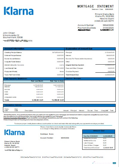 Download Finland Klarna Bank bank mortgage statement scr Photoshop template